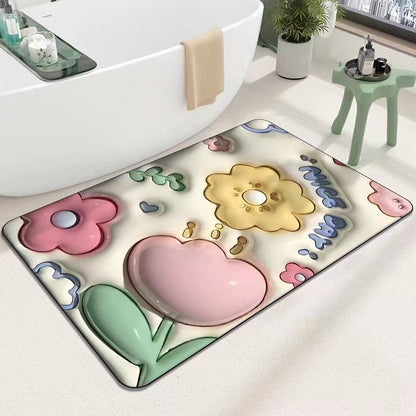 READY STOCK!!!Flowers Strawberry Bear 3D Floor Mat Bath Carpet 40*60cm Anti-slip Quick-drying Pad Kitchen Bathroom Mat