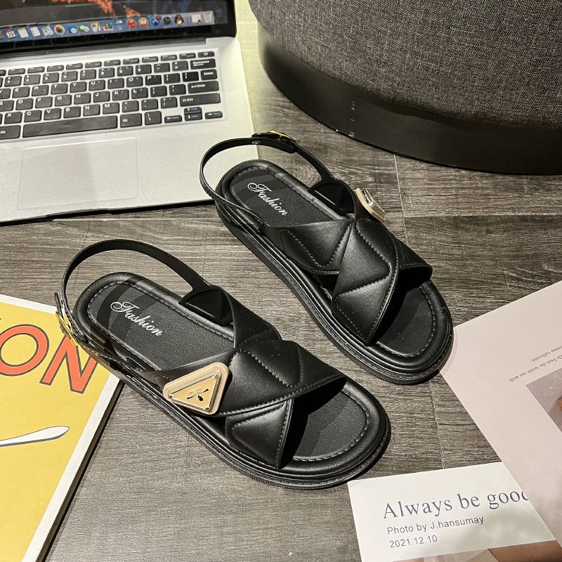 [READY STOCK] OL Style Wide Strap Chain Sandals | Quilted Fashion Slippers for Women | Comfy Casual Flat Shoes – 1588X