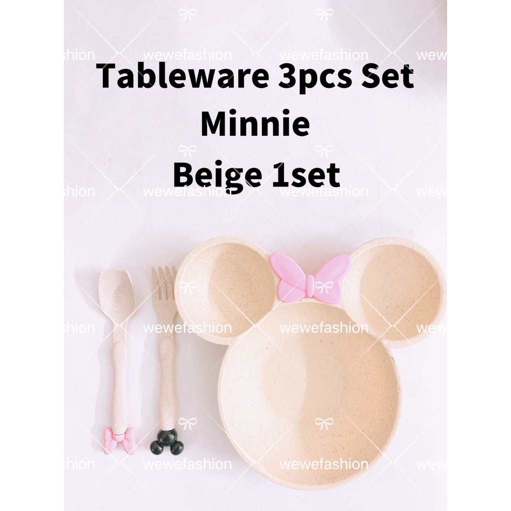 READY STOCK!!!3pcs Set Tableware Mickey/Minnie Kid Children Dish Plate Set Mickey Feeding Spoon Fork Plate Training Bowl