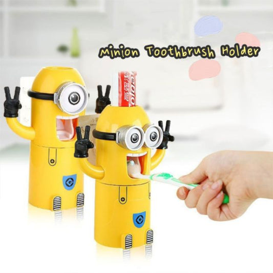 READY STOCK!Cartoon Minion Toothbrush Holder Cute Automatic Toothpaste Dispenser with Brush Cup小黄人