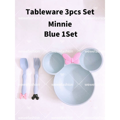 READY STOCK!!!3pcs Set Tableware Mickey/Minnie Kid Children Dish Plate Set Mickey Feeding Spoon Fork Plate Training Bowl