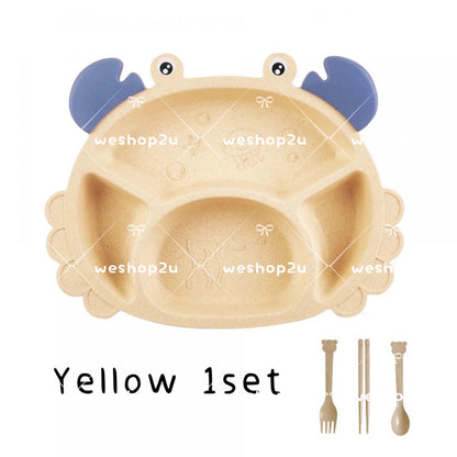 READY STOCK!!!Household Wheat Fiber Baby Cutlery Set Crab Child Cute Cartoon Divided Grid Drop Resistant Plate Fork