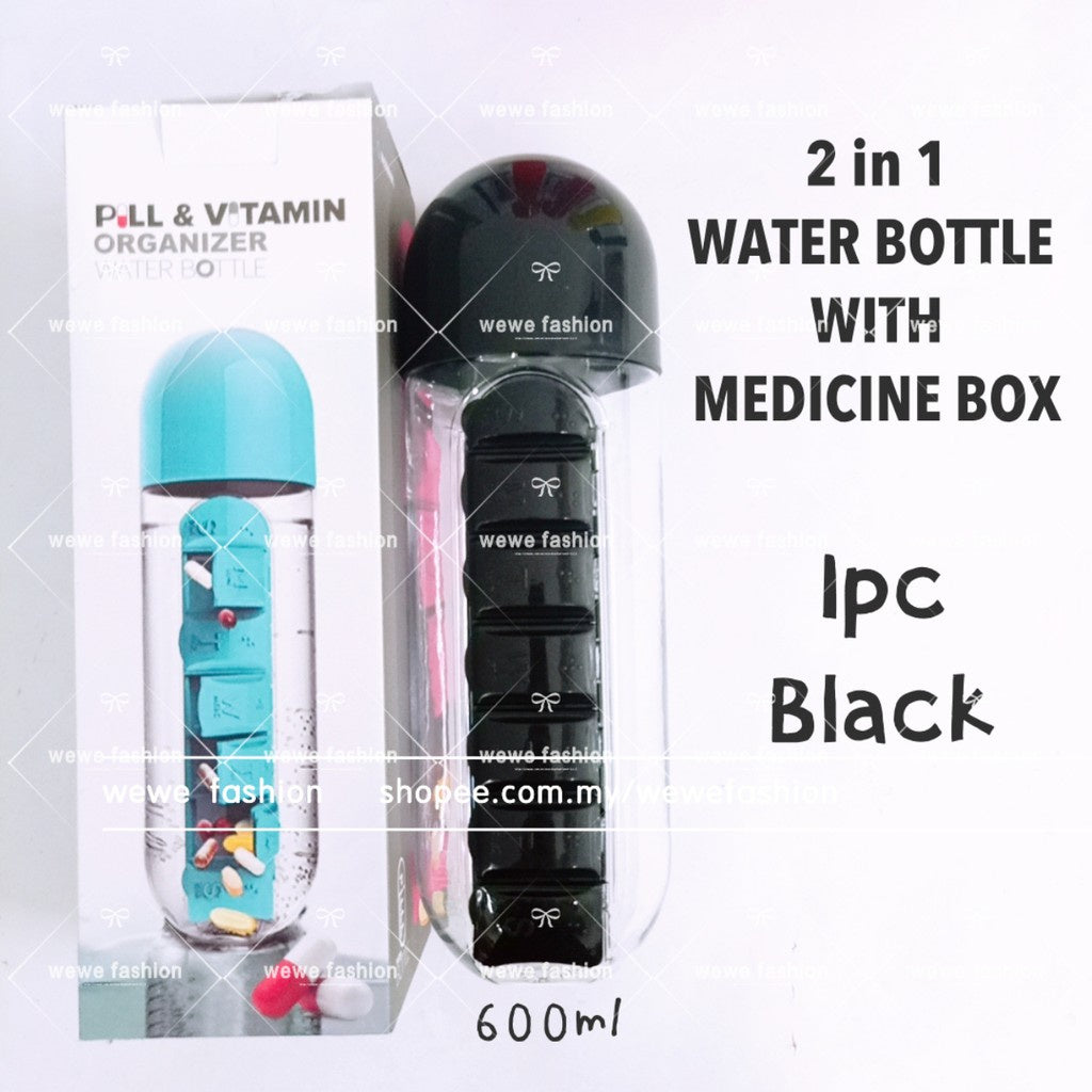 READY STOCK!!!2in1 Drinking Water Leak Proof Water Bottle with medicine box 600ml 药盒水瓶