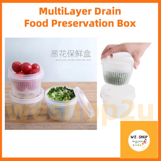 READY STOCK!!Double layer Airtight Food Box Spring Green Onion Ginger Garlic Storage Drain Sealed Fridge Fresh Container