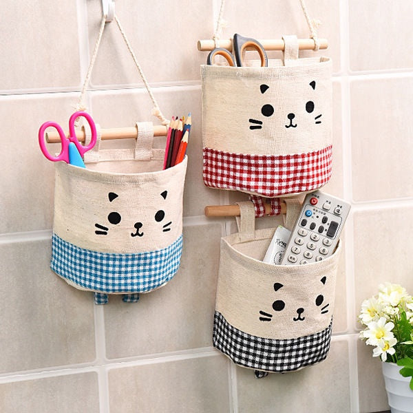 READY STOCK!!!Cute Cat waterproof Storage Hanging bag kitchen bathroom (15x13.5cm) 可挂式收纳袋 麻棉可爱猫咪收纳挂袋 多功能收纳挂袋