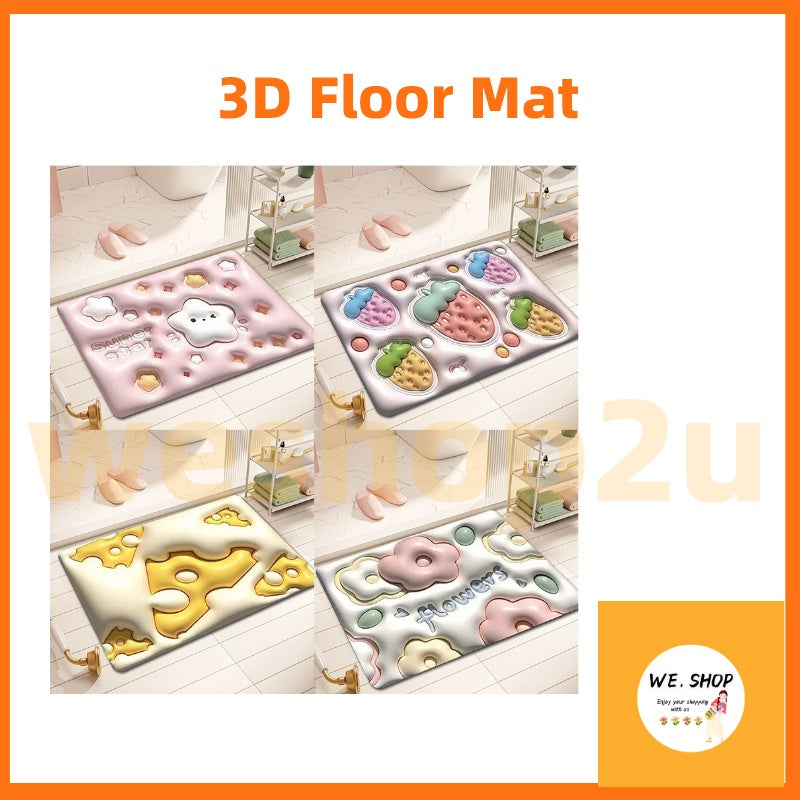 READY STOCK!!!Flowers Strawberry Bear 3D Floor Mat Bath Carpet 40*60cm Anti-slip Quick-drying Pad Kitchen Bathroom Mat