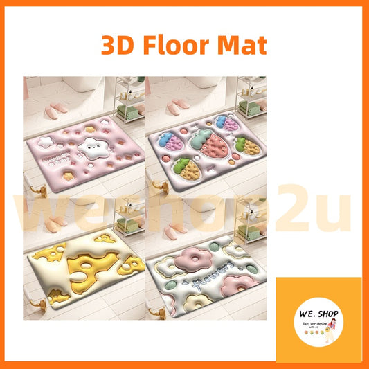 READY STOCK!!!Flowers Strawberry Bear 3D Floor Mat Bath Carpet 40*60cm Anti-slip Quick-drying Pad Kitchen Bathroom Mat