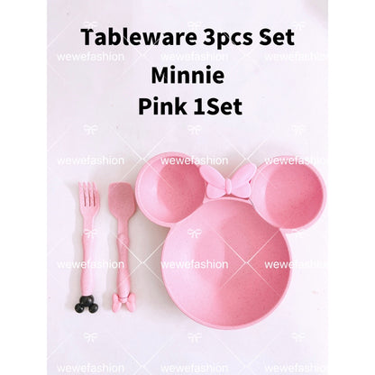 READY STOCK!!!3pcs Set Tableware Mickey/Minnie Kid Children Dish Plate Set Mickey Feeding Spoon Fork Plate Training Bowl