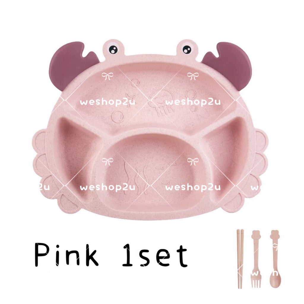 READY STOCK!!!Household Wheat Fiber Baby Cutlery Set Crab Child Cute Cartoon Divided Grid Drop Resistant Plate Fork