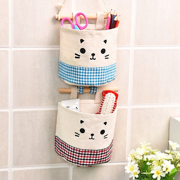 READY STOCK!!!Cute Cat waterproof Storage Hanging bag kitchen bathroom (15x13.5cm) 可挂式收纳袋 麻棉可爱猫咪收纳挂袋 多功能收纳挂袋