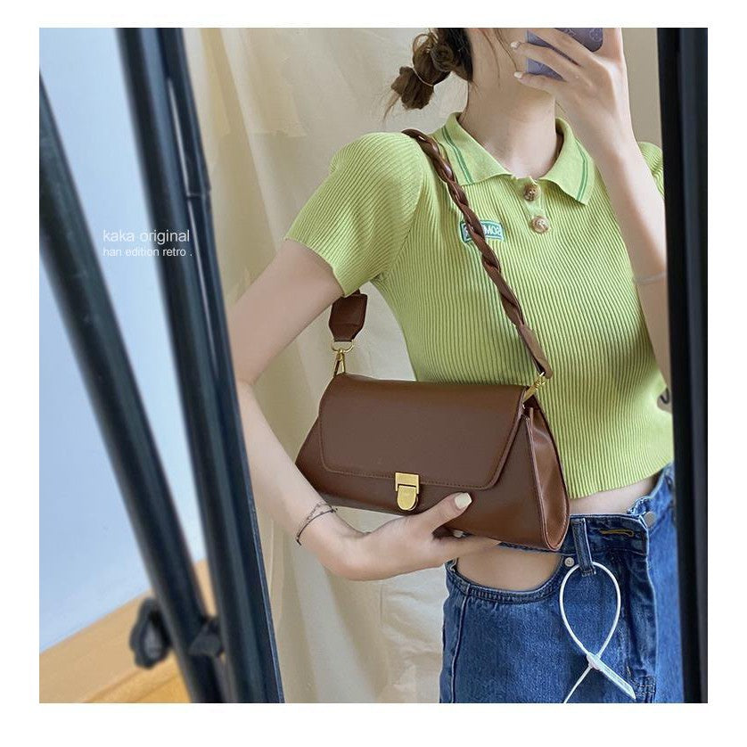 READY STOCK!!!SSB1102 2Strap Leather Sling Bag Shoulder Tote Bag Retro Solid Sling Bag Women Korean Style Casual Hand