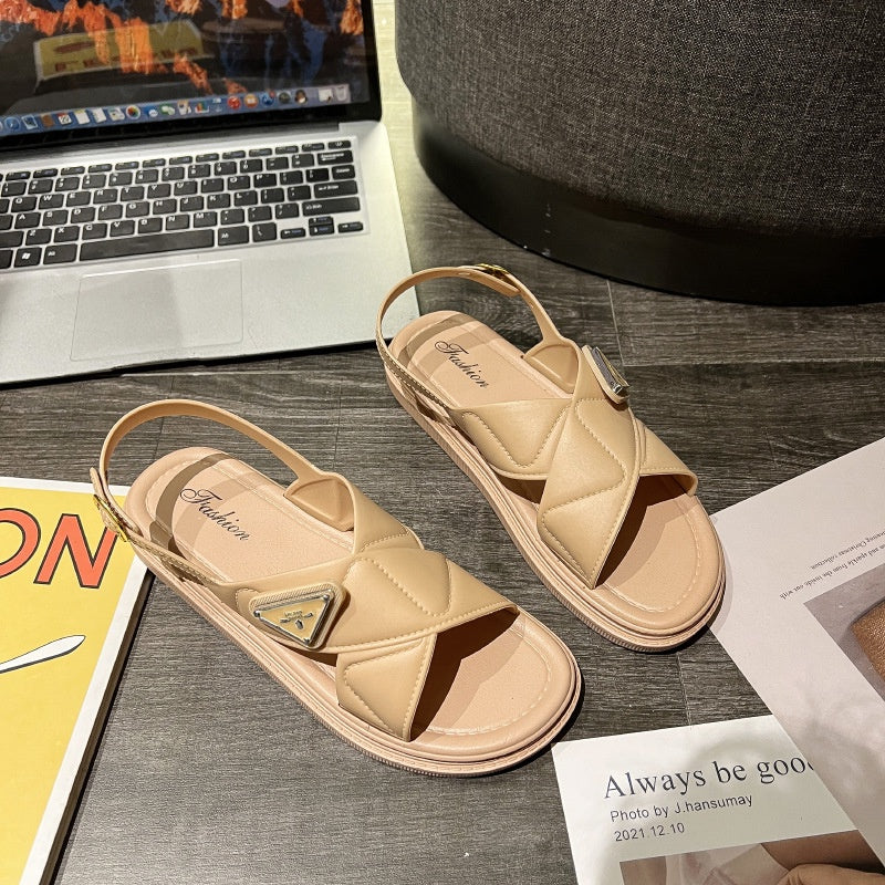 [READY STOCK] OL Style Wide Strap Chain Sandals | Quilted Fashion Slippers for Women | Comfy Casual Flat Shoes – 1588X