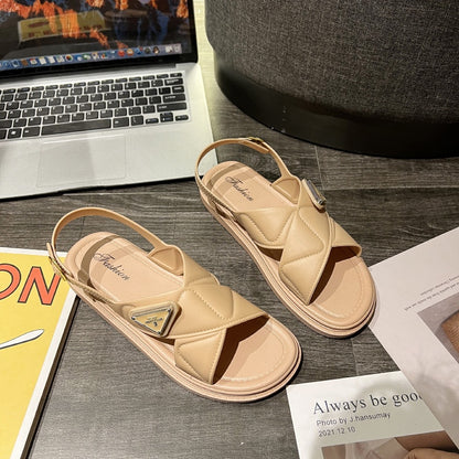 [READY STOCK] OL Style Wide Strap Chain Sandals | Quilted Fashion Slippers for Women | Comfy Casual Flat Shoes – 1588X