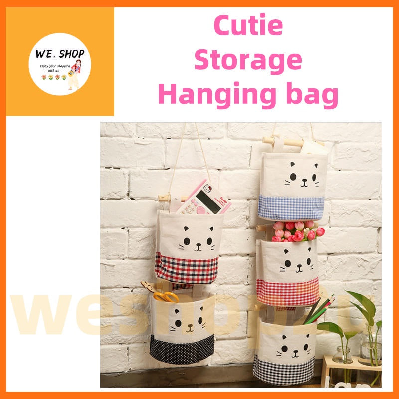 READY STOCK!!!Cute Cat waterproof Storage Hanging bag kitchen bathroom (15x13.5cm) 可挂式收纳袋 麻棉可爱猫咪收纳挂袋 多功能收纳挂袋