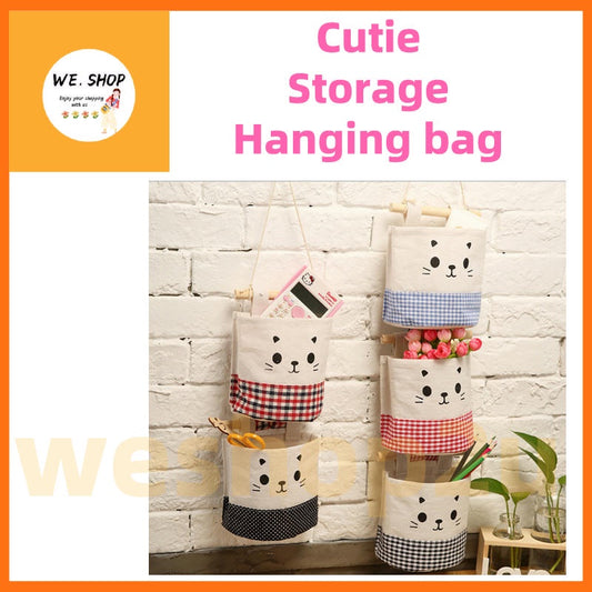 READY STOCK!!!Cute Cat waterproof Storage Hanging bag kitchen bathroom (15x13.5cm) 可挂式收纳袋 麻棉可爱猫咪收纳挂袋 多功能收纳挂袋