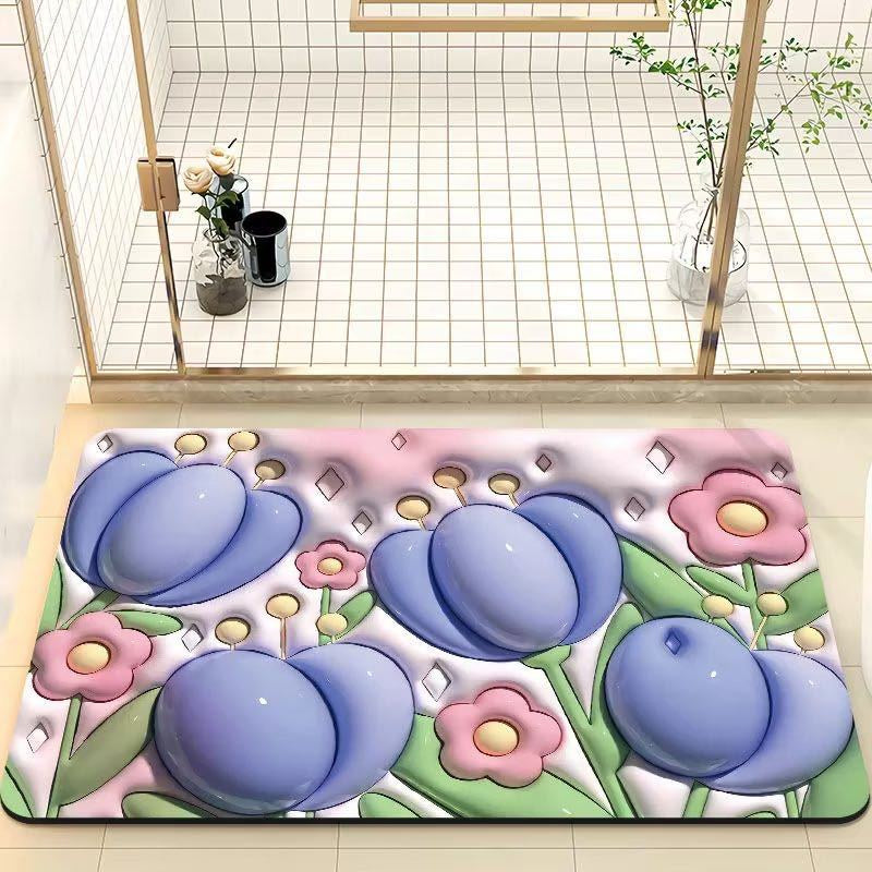 READY STOCK!!!Flowers Strawberry Bear 3D Floor Mat Bath Carpet 40*60cm Anti-slip Quick-drying Pad Kitchen Bathroom Mat