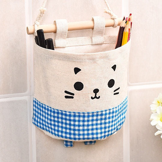 READY STOCK!!!Cute Cat waterproof Storage Hanging bag kitchen bathroom (15x13.5cm) 可挂式收纳袋 麻棉可爱猫咪收纳挂袋 多功能收纳挂袋