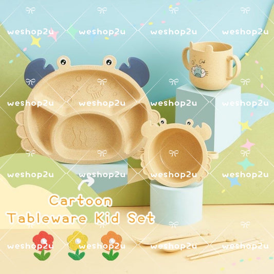 READY STOCK!!!Household Wheat Fiber Baby Cutlery Set Crab Child Cute Cartoon Divided Grid Drop Resistant Plate Fork