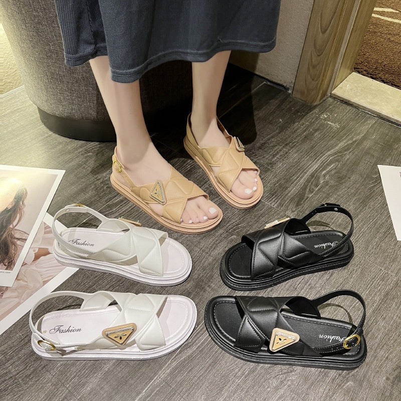 [READY STOCK] OL Style Wide Strap Chain Sandals | Quilted Fashion Slippers for Women | Comfy Casual Flat Shoes – 1588X