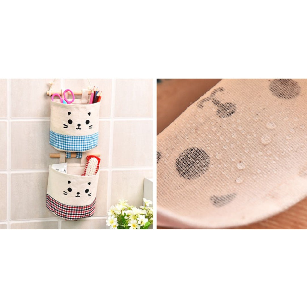 READY STOCK!!!Cute Cat waterproof Storage Hanging bag kitchen bathroom (15x13.5cm) 可挂式收纳袋 麻棉可爱猫咪收纳挂袋 多功能收纳挂袋