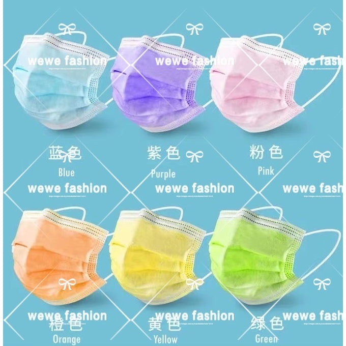 READY STOCK!!!Colourful【50PC】Adult 3-Ply Disposable Face Mask / Topeng Penutup Mulut Pelitup Muka Dewasa / 成人三层口罩