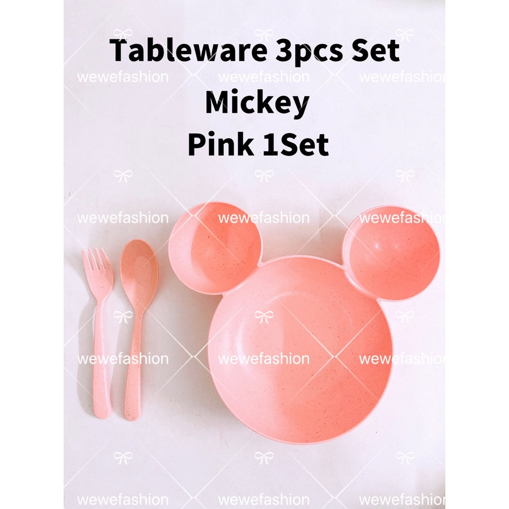 READY STOCK!!!3pcs Set Tableware Mickey/Minnie Kid Children Dish Plate Set Mickey Feeding Spoon Fork Plate Training Bowl