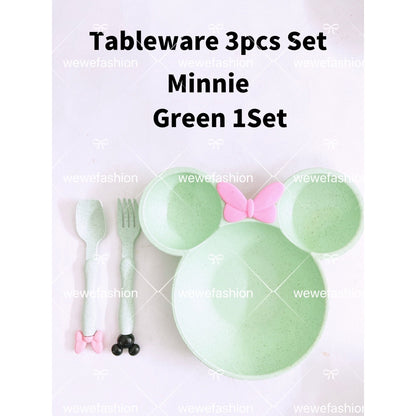 READY STOCK!!!3pcs Set Tableware Mickey/Minnie Kid Children Dish Plate Set Mickey Feeding Spoon Fork Plate Training Bowl