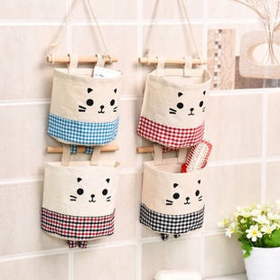 READY STOCK!!!Cute Cat waterproof Storage Hanging bag kitchen bathroom (15x13.5cm) 可挂式收纳袋 麻棉可爱猫咪收纳挂袋 多功能收纳挂袋