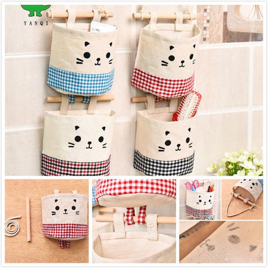 READY STOCK!!!Cute Cat waterproof Storage Hanging bag kitchen bathroom (15x13.5cm) 可挂式收纳袋 麻棉可爱猫咪收纳挂袋 多功能收纳挂袋