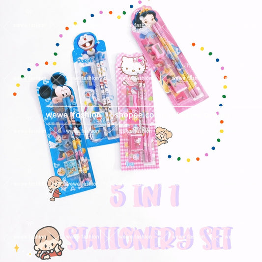READY STOCK!!!5 In 1 Stationery Set Gift Set Pencil Ruler Eraser Children Birthday Present Alat Tulis 文具套