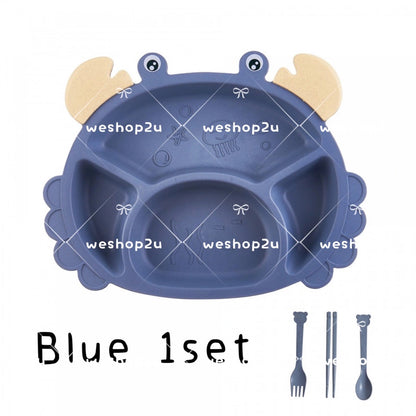 READY STOCK!!!Household Wheat Fiber Baby Cutlery Set Crab Child Cute Cartoon Divided Grid Drop Resistant Plate Fork