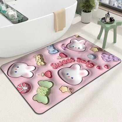 READY STOCK!!!Flowers Strawberry Bear 3D Floor Mat Bath Carpet 40*60cm Anti-slip Quick-drying Pad Kitchen Bathroom Mat