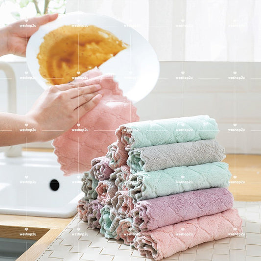 READY STOCK!!!Kitchen cleaning dishwashing dishcloth Double-sided Colour Rag fleece thickened absorbent rag dishtowl吸水抹布