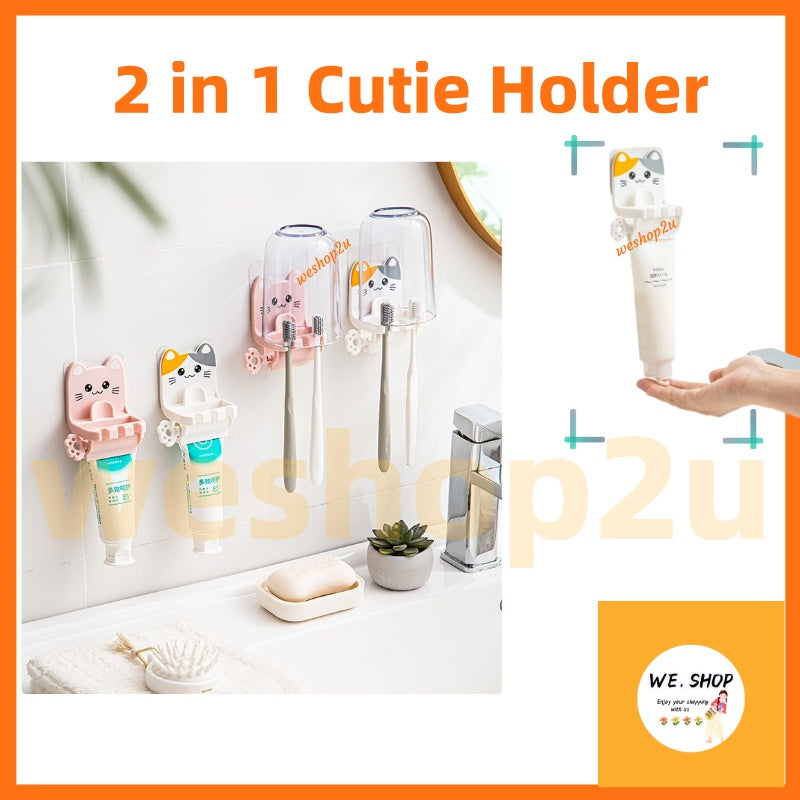 READY STOCK!!!2 in 1 Toothbrush Holder Toothpaste Rack Cute Cat Kucing Bathroom Wall-mounted Dispenser Rack Ubat Gigi