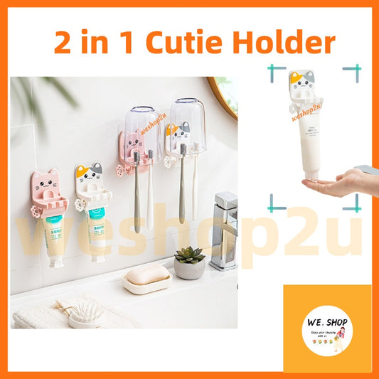 READY STOCK!!!2 in 1 Toothbrush Holder Toothpaste Rack Cute Cat Kucing Bathroom Wall-mounted Dispenser Rack Ubat Gigi