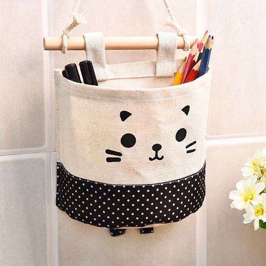 READY STOCK!!!Cute Cat waterproof Storage Hanging bag kitchen bathroom (15x13.5cm) 可挂式收纳袋 麻棉可爱猫咪收纳挂袋 多功能收纳挂袋
