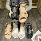 [READY STOCK] OL Style Wide Strap Chain Sandals | Quilted Fashion Slippers for Women | Comfy Casual Flat Shoes – 1588X