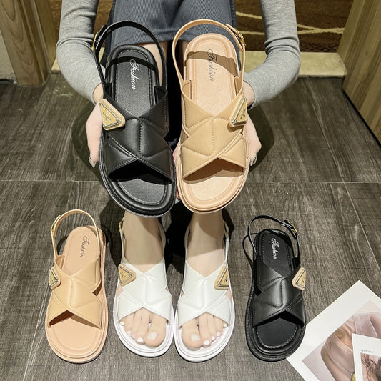[READY STOCK] OL Style Wide Strap Chain Sandals | Quilted Fashion Slippers for Women | Comfy Casual Flat Shoes – 1588X