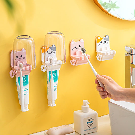 READY STOCK!!!2 in 1 Toothbrush Holder Toothpaste Rack Cute Cat Kucing Bathroom Wall-mounted Dispenser Rack Ubat Gigi