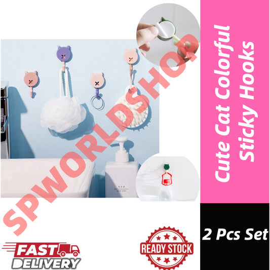 (READYSTOCK) 2pcs Cute Cat Colorful Sticky Hooks Bathroom Door Back Hooks Kitchen No-Punch Wall Coat Hooks 免打孔壁挂钩