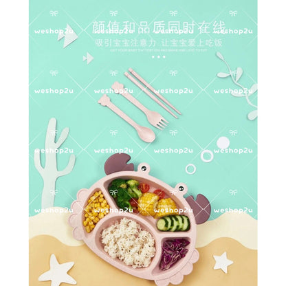 READY STOCK!!!Household Wheat Fiber Baby Cutlery Set Crab Child Cute Cartoon Divided Grid Drop Resistant Plate Fork