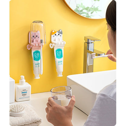 READY STOCK!!!2 in 1 Toothbrush Holder Toothpaste Rack Cute Cat Kucing Bathroom Wall-mounted Dispenser Rack Ubat Gigi