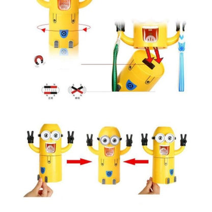 READY STOCK!Cartoon Minion Toothbrush Holder Cute Automatic Toothpaste Dispenser with Brush Cup小黄人