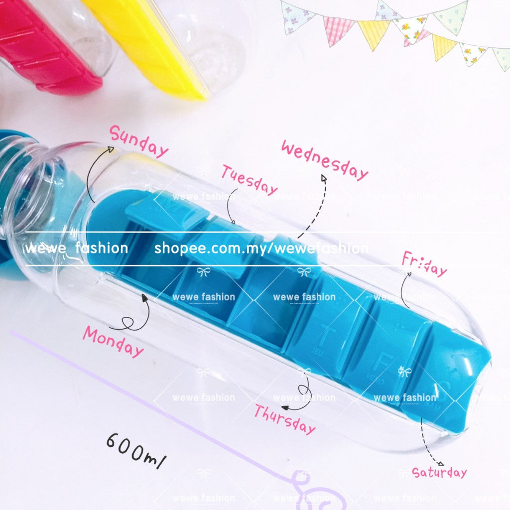 READY STOCK!!!2in1 Drinking Water Leak Proof Water Bottle with medicine box 600ml 药盒水瓶