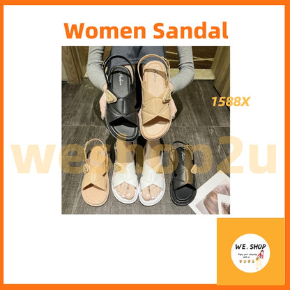 [READY STOCK] OL Style Wide Strap Chain Sandals | Quilted Fashion Slippers for Women | Comfy Casual Flat Shoes – 1588X