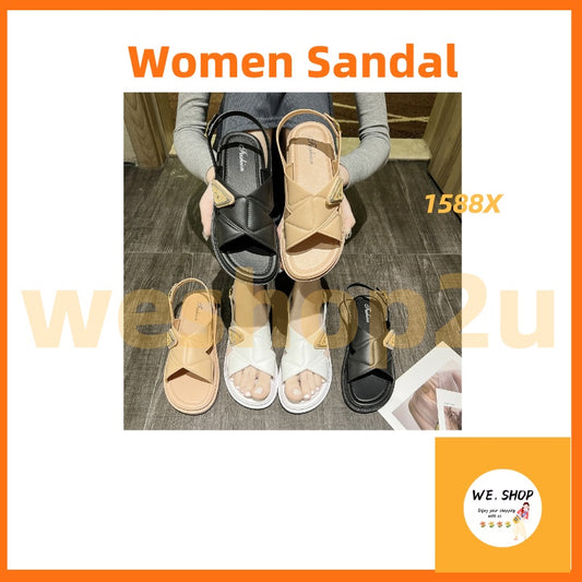 [READY STOCK] OL Style Wide Strap Chain Sandals | Quilted Fashion Slippers for Women | Comfy Casual Flat Shoes – 1588X