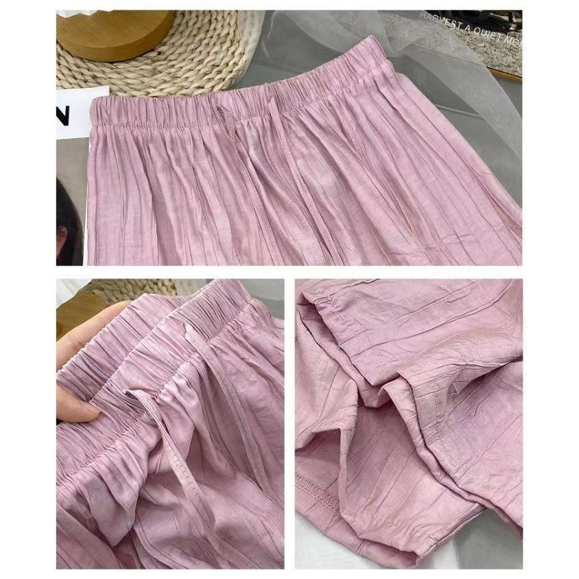 (READYSTOCK) New High Waist Wide Leg Pants Women's Summer Casual Elastic Waist Ice Silk Trousers A16546 女士夏季休闲冰丝长裤