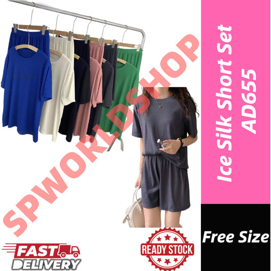 READY STOCK Thin Ice Silk Women Baju Tidur Perempuan Pajamas Large Size Women Suit Home Wear Two-Piece Set AD655