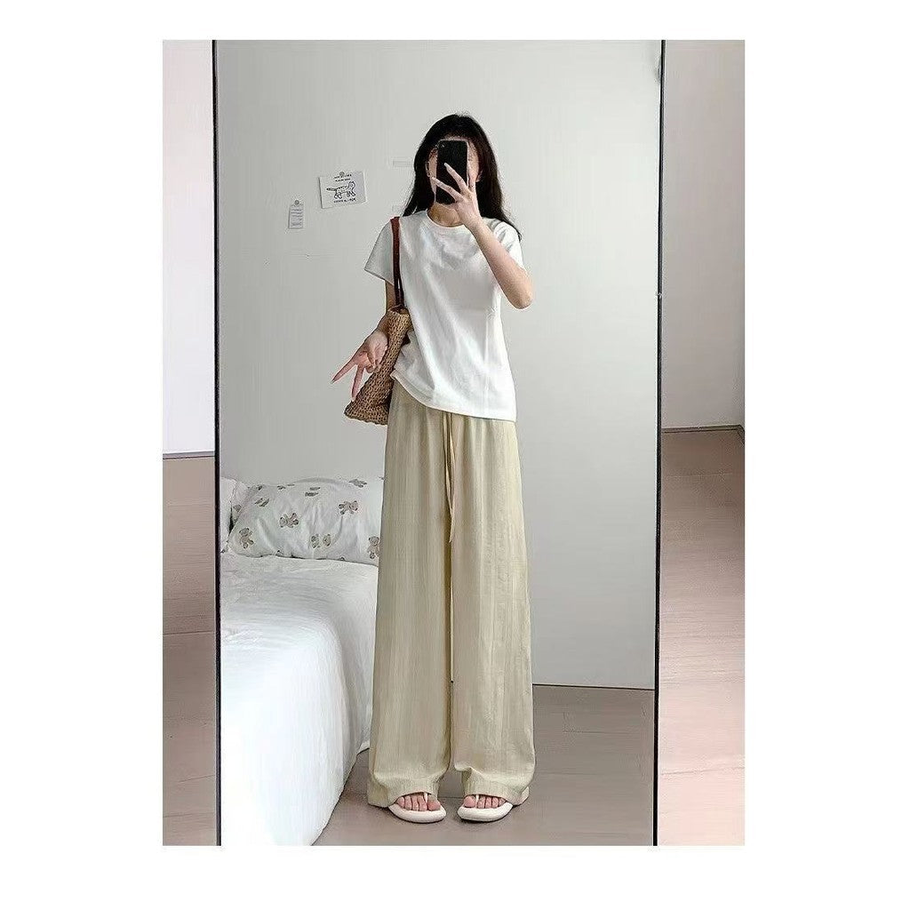 (READYSTOCK) New High Waist Wide Leg Pants Women's Summer Casual Elastic Waist Ice Silk Trousers A16546 女士夏季休闲冰丝长裤