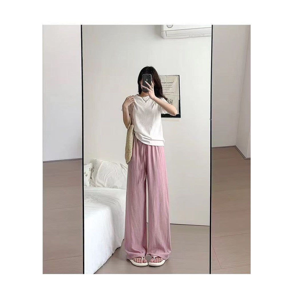 (READYSTOCK) New High Waist Wide Leg Pants Women's Summer Casual Elastic Waist Ice Silk Trousers A16546 女士夏季休闲冰丝长裤